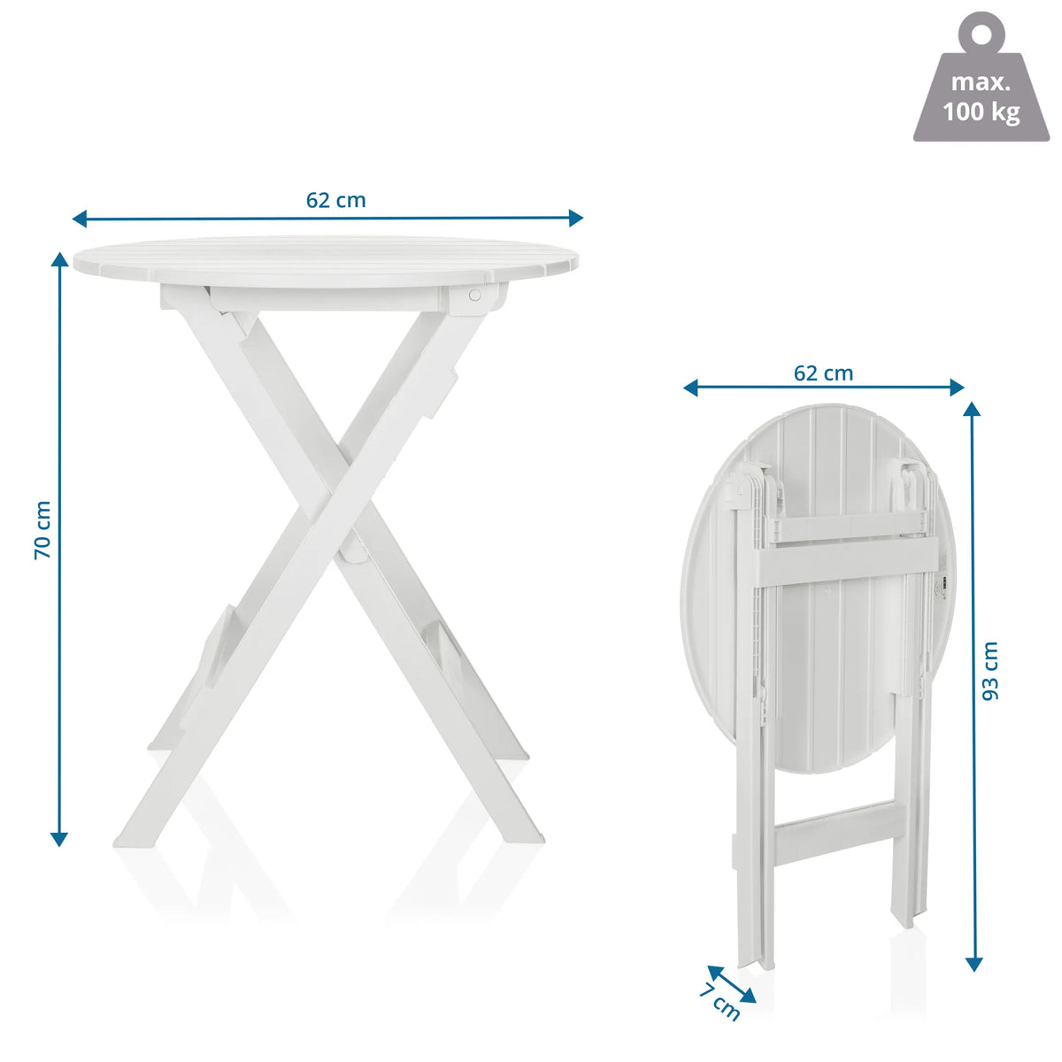 Plano dimensional de la mesa plegable TRAVANO T de 62 × 62 cm y una altura de 70 cm de hjh LIVING