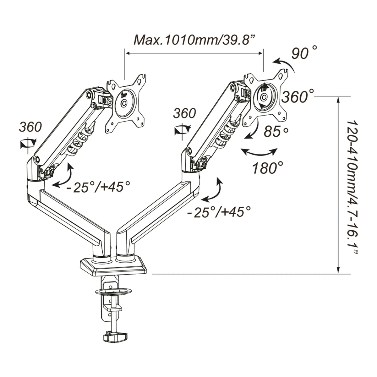 Dibujo técnico del Soporte de monitor Ergomount GF2 con una anchura máxima de 1010 mm de hjh OFFICE