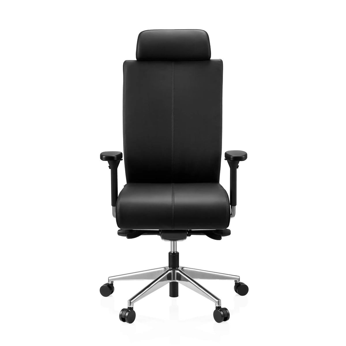 Silla de oficina profesional PRO-TEC XXL negra de cuero con reposacabezas y base de cinco ruedas de hjh OFFICE – vista de 360° (vista frontal 0°)