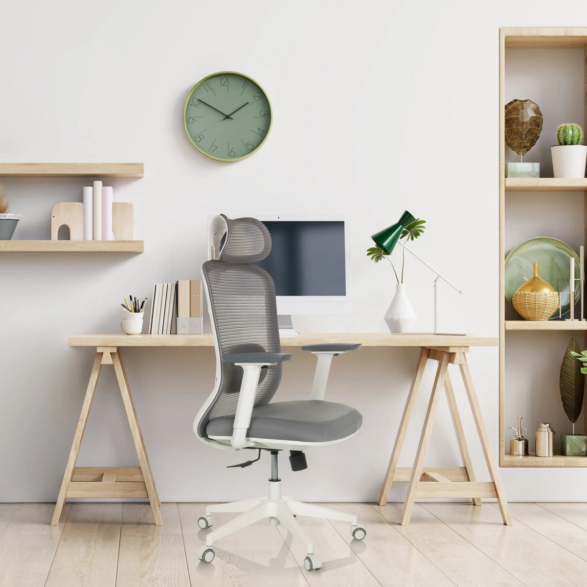 Silla de oficina profesional MIKEO G gris con respaldo de malla y base blanca de hjh OFFICE