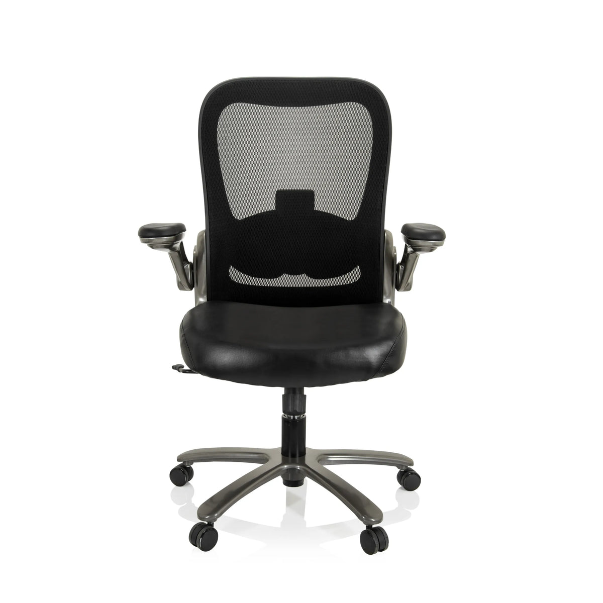Silla giratoria XXL INSTRUCTOR T I en color negro con respaldo de malla, asiento de cuero sintético y base de cinco ruedas de hjh OFFICE – vista de 360° (vista frontal 0°)