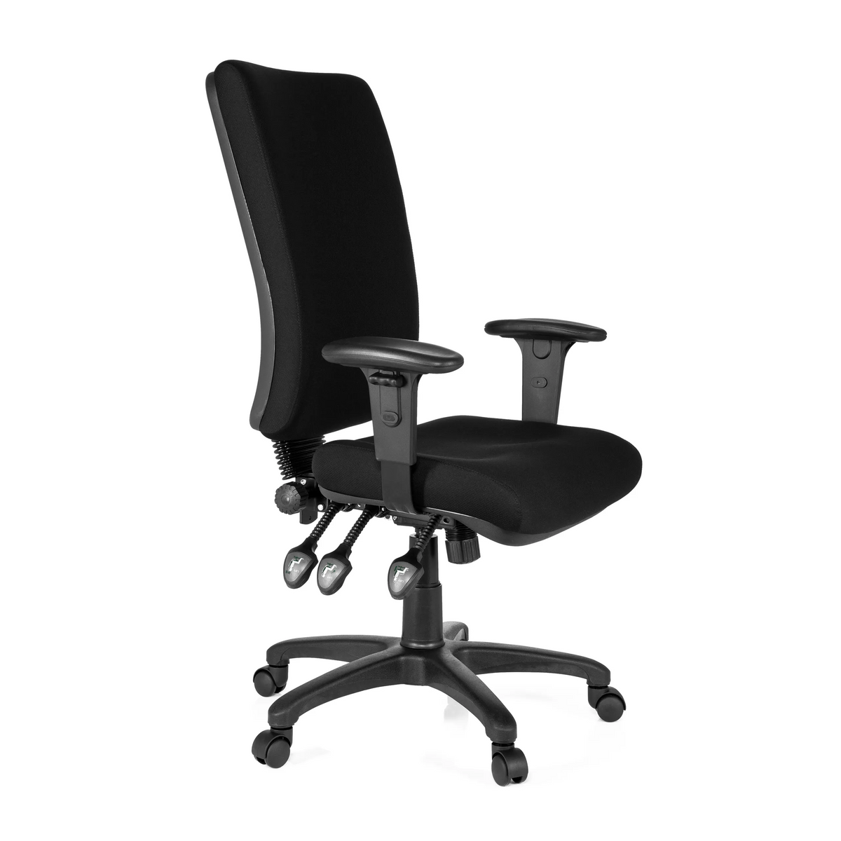 Silla de oficina profesional ZENIT HIGH negra con reposabrazos y base de cinco ruedas de hjh OFFICE – vista de 360° (vista frontal en diagonal 60°)