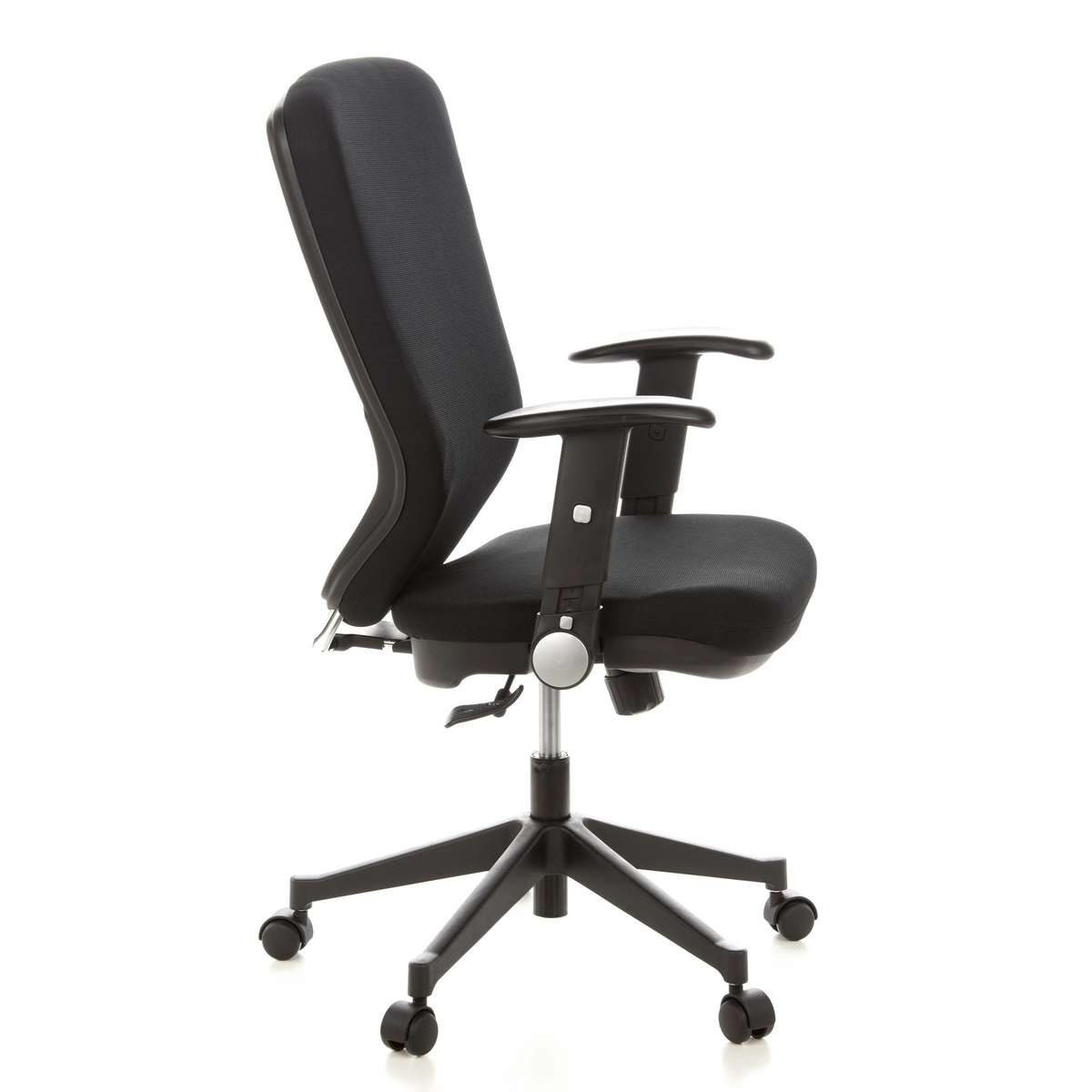 Silla de oficina profesional TRAFFIC 30 negra con reposabrazos y base de cinco ruedas de hjh OFFICE – vista de 360° (vista lateral 80°)