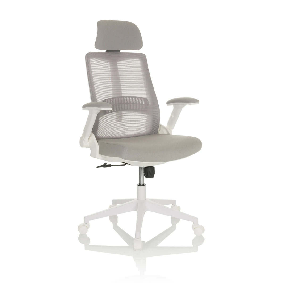 Silla Home Office VENDO W gris con respaldo de malla y base blanca de cinco ruedas de hjh OFFICE – vista de 360° (vista frontal en diagonal 30°)