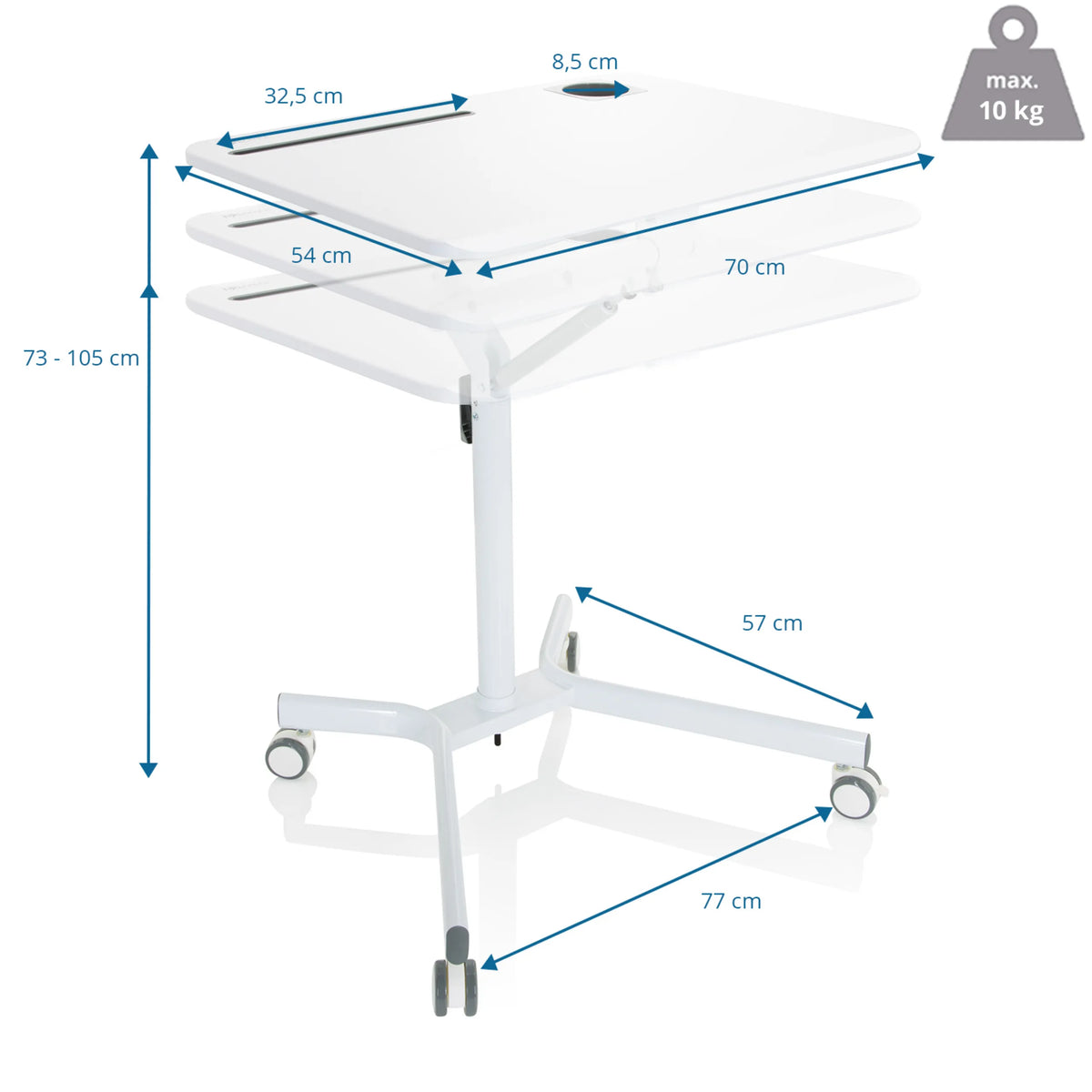 Dibujo dimensional del escritorio de pie STAND VM-SU I con una altura de 73-105 cm de hjh OFFICE