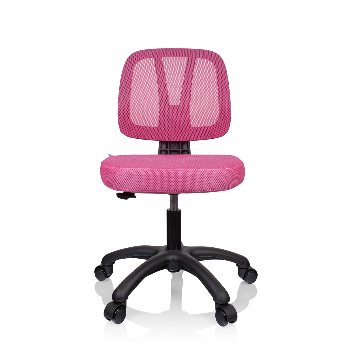 Silla giratoria para niños KID YU 200 rosa con respaldo de malla y base negra de cinco ruedas de hjh OFFICE – vista de 360° (vista frontal 0°)