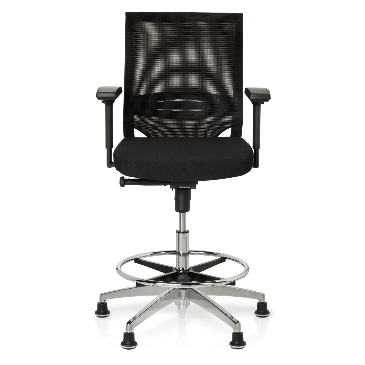Silla de mostrador TOP WORK 77 negra con respaldo de malla, reposapiés y cinco deslizadores de hjh OFFICE – vista de 360° (vista frontal 0°)