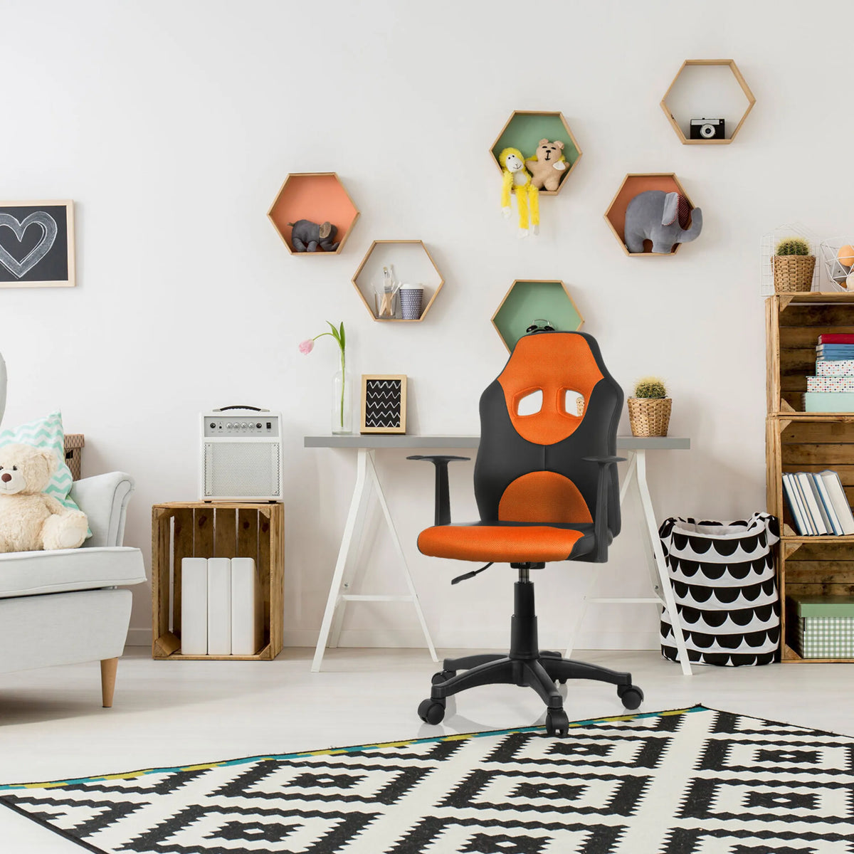 Silla giratoria para niños KID GAME AL en negro y naranja con ruedas y reposabrazos de hjh OFFICE