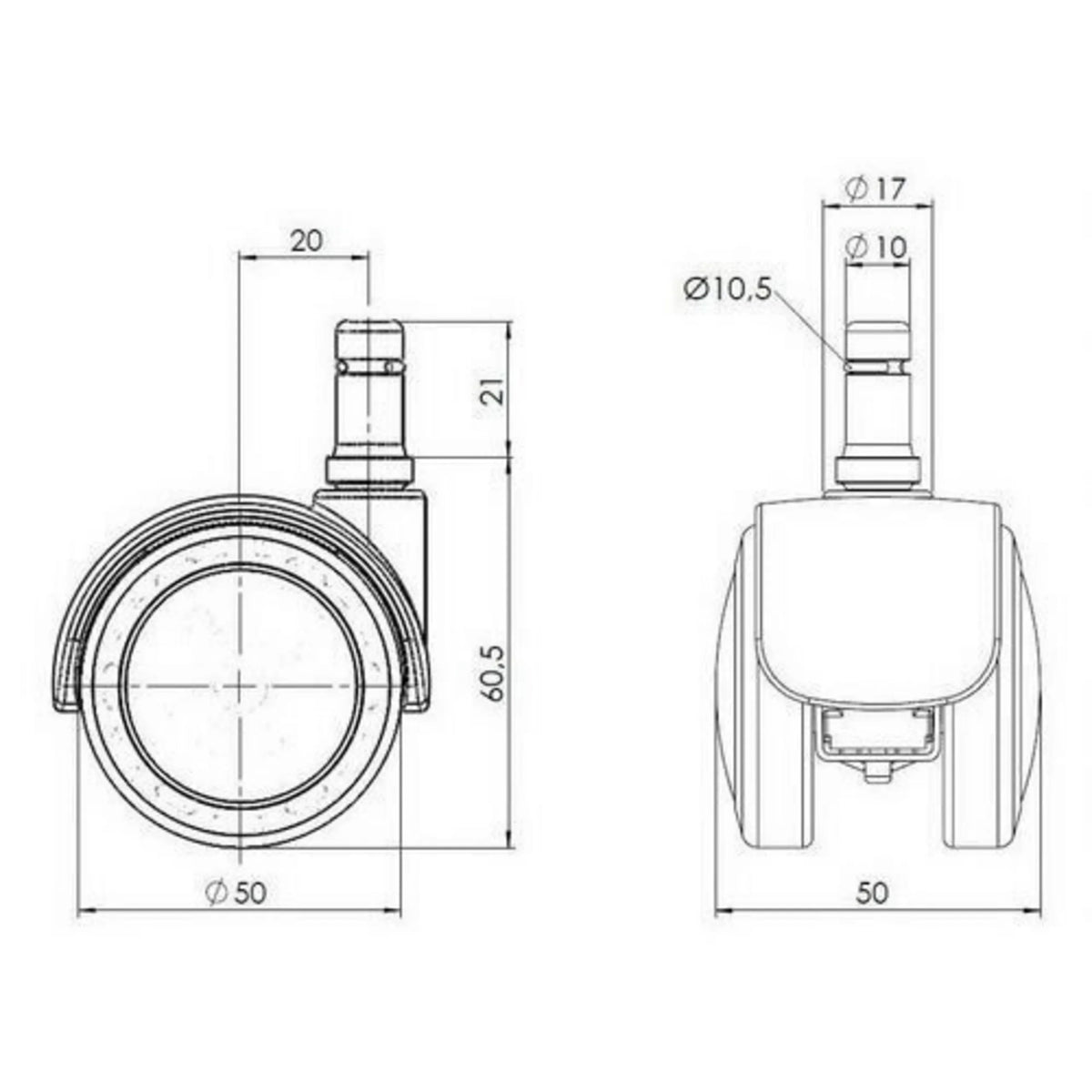 Dibujo técnico de las Ruedas para sillas 5x ROLO FIX 10mm/50mm con un diámetro de 50 mm de hjh OFFICE