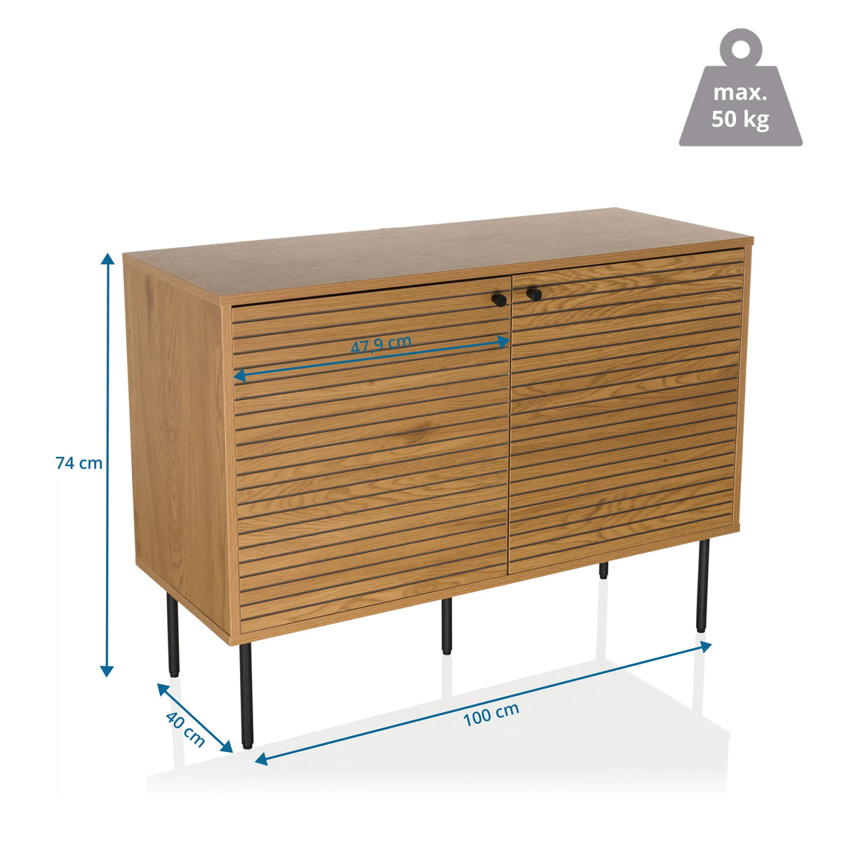 Dibujo dimensional del aparador LINNO S de 100 × 74 cm y una capacidad de carga de 50 kg de hjh LIVING