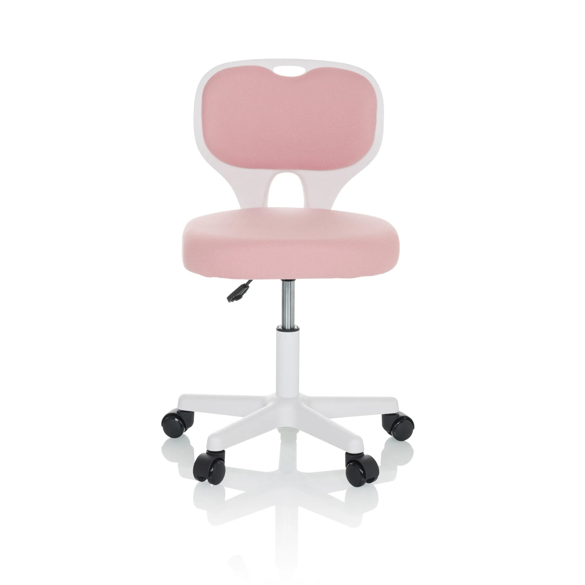 Silla giratoria para niños KIDDY TOP W en color rosa con estructura blanca y base de cinco ruedas de hjh OFFICE – vista de 360° (vista frontal 0°)