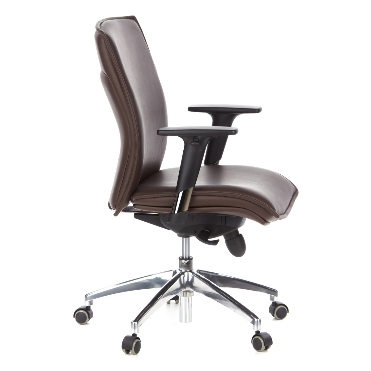 Dunkelbrauner Luxus-Chefsessel MURANO 10 mit Armlehnen und Fußkreuz mit fünf Rollen von hjh OFFICE – 360-Grad-Ansicht (Seitenprofil 80°)
