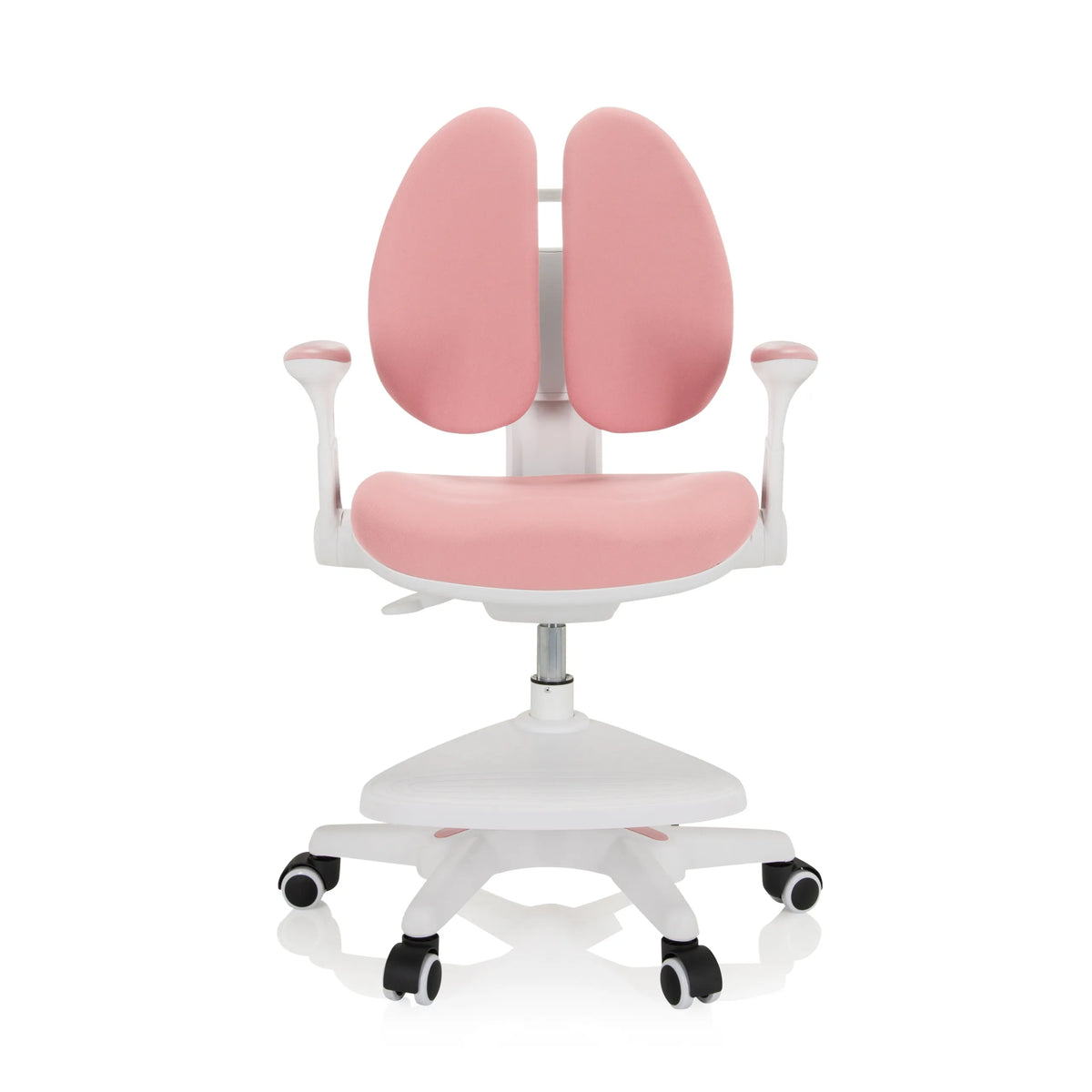 Silla para niños rosa KID WING con respaldo dividido y base blanca de cinco ruedas de hjh OFFICE – vista de 360° (vista frontal 0°)