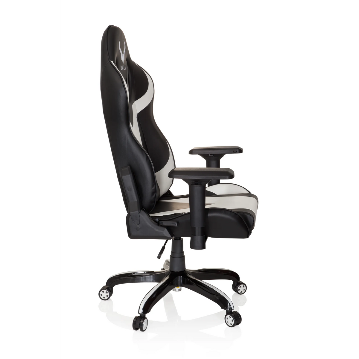 Silla gaming PROMOTER I en blanco y negro con reposabrazos y base de cinco ruedas de hjh OFFICE – vista de 360° (vista lateral 80°)