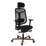 Silla alta gama BICOLORE HIGH negra con respaldo de malla, reposacabezas y base de cinco ruedas en color rojo de hjh OFFICE – vista de 360° (vista frontal en diagonal 30°)