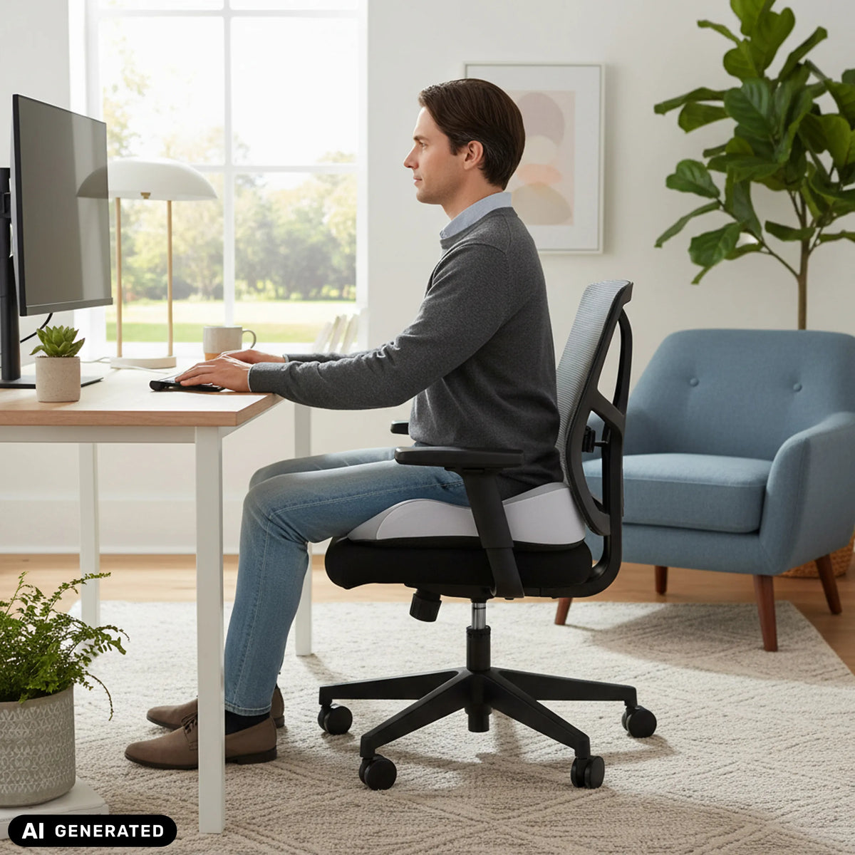 Cojín del asiento MEDISIT IV gris sobre una silla de oficina negra de hjh OFFICE (imagen generada por IA)