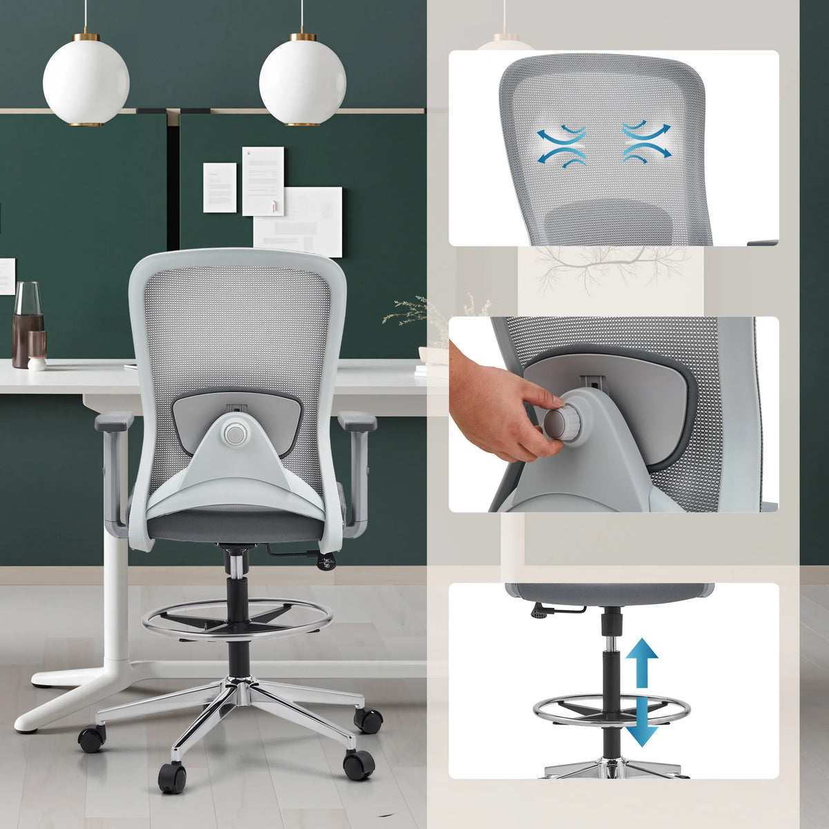 Silla de mostrador Top Work 44 W gris con respaldo de malla, aro reposapiés y ajuste de altura de hjh OFFICE