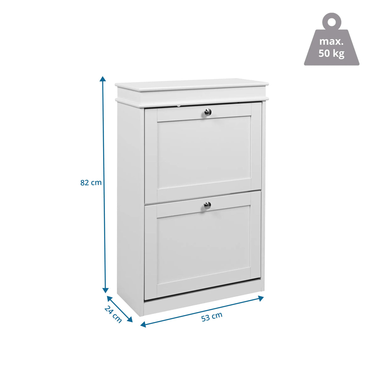 Vista de dimensiones del armario zapatero Estha 20 con 82 × 53 cm y una capacidad de carga máxima de 50 kg de hjh LIVING