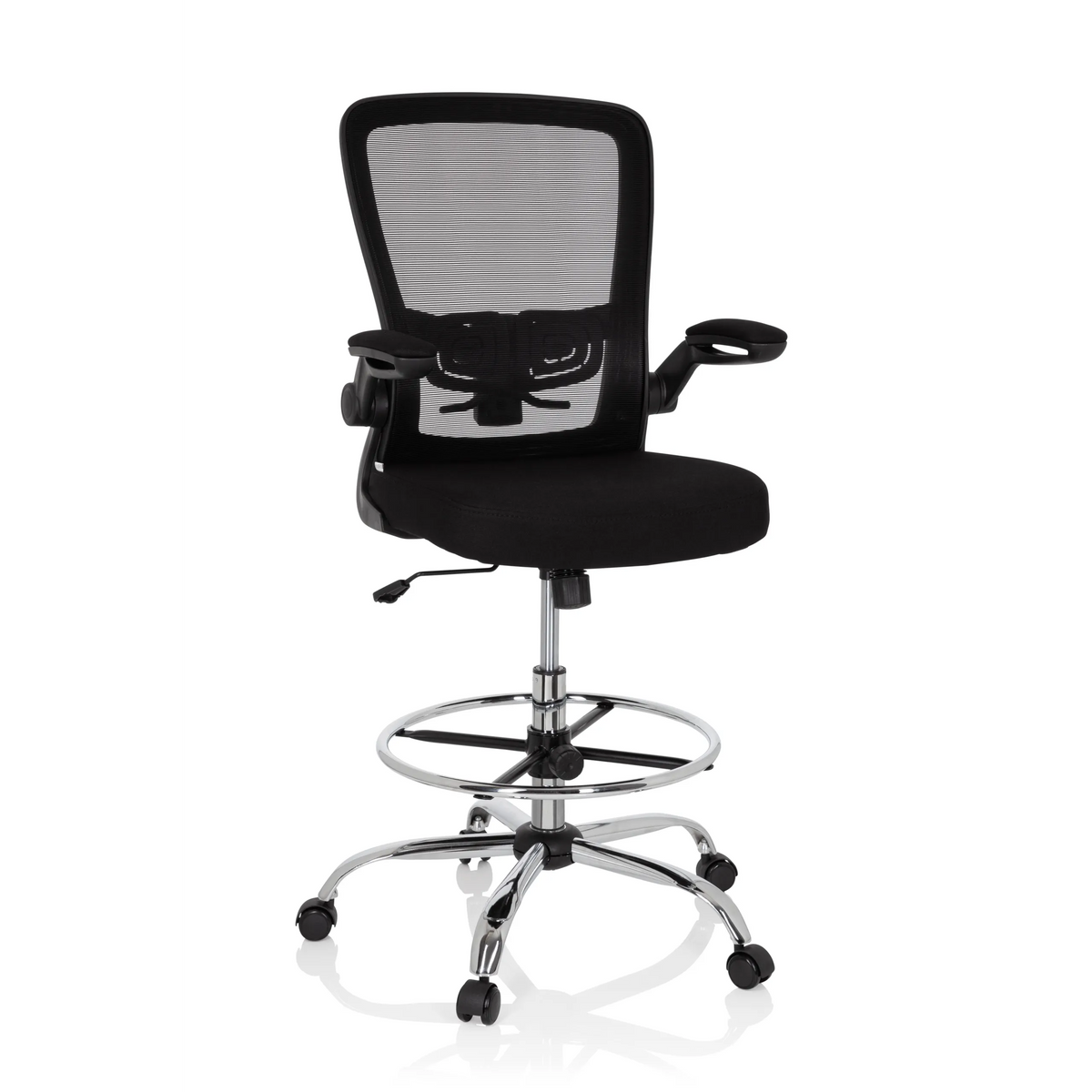 Silla de mostrador VENDO WORK negra con respaldo de malla, aro reposapiés y base de cinco ruedas de hjh OFFICE – vista de 360° (vista frontal 19°)