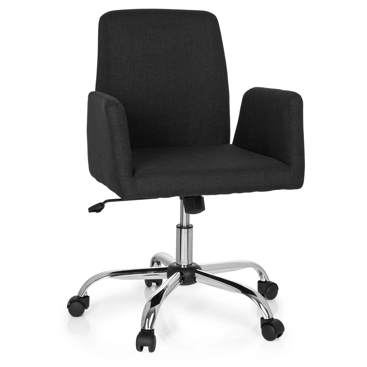Silla Home Office FLOW negra con reposabrazos y base brillante de cinco ruedas de hjh OFFICE – vista de 360° (vista frontal 20°)