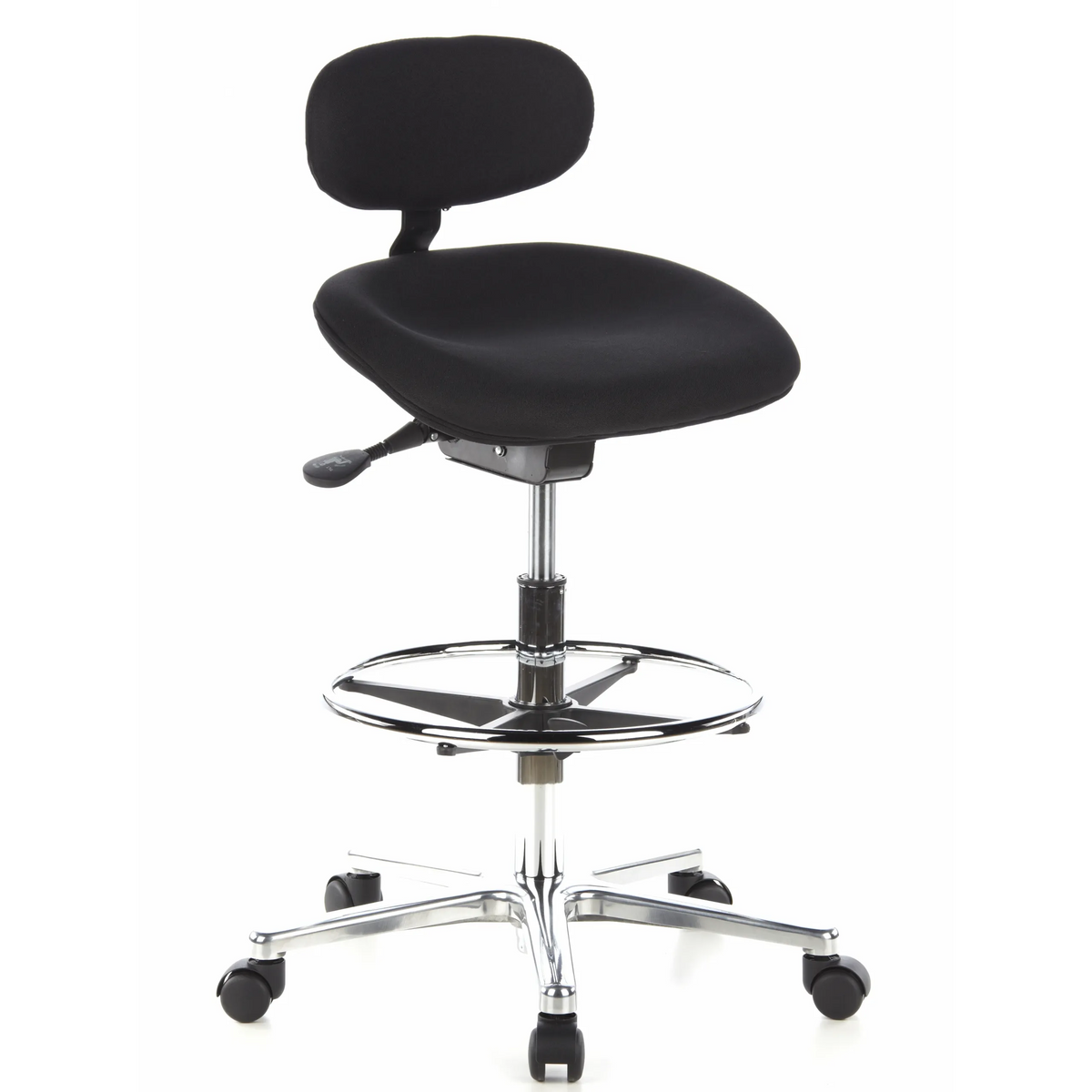 Silla de mostrador WORK MF negra con aro reposapiés y base de cinco ruedas de hjh OFFICE – vista de 360° (vista frontal en diagonal 40°)