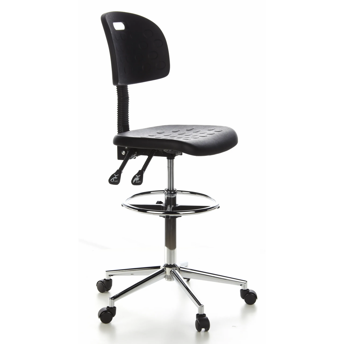 Silla de mostrador negra TOP WORK 23 con reposapiés y base de cinco ruedas de hjh OFFICE – vista de 360° (vista frontal en diagonal 60°)