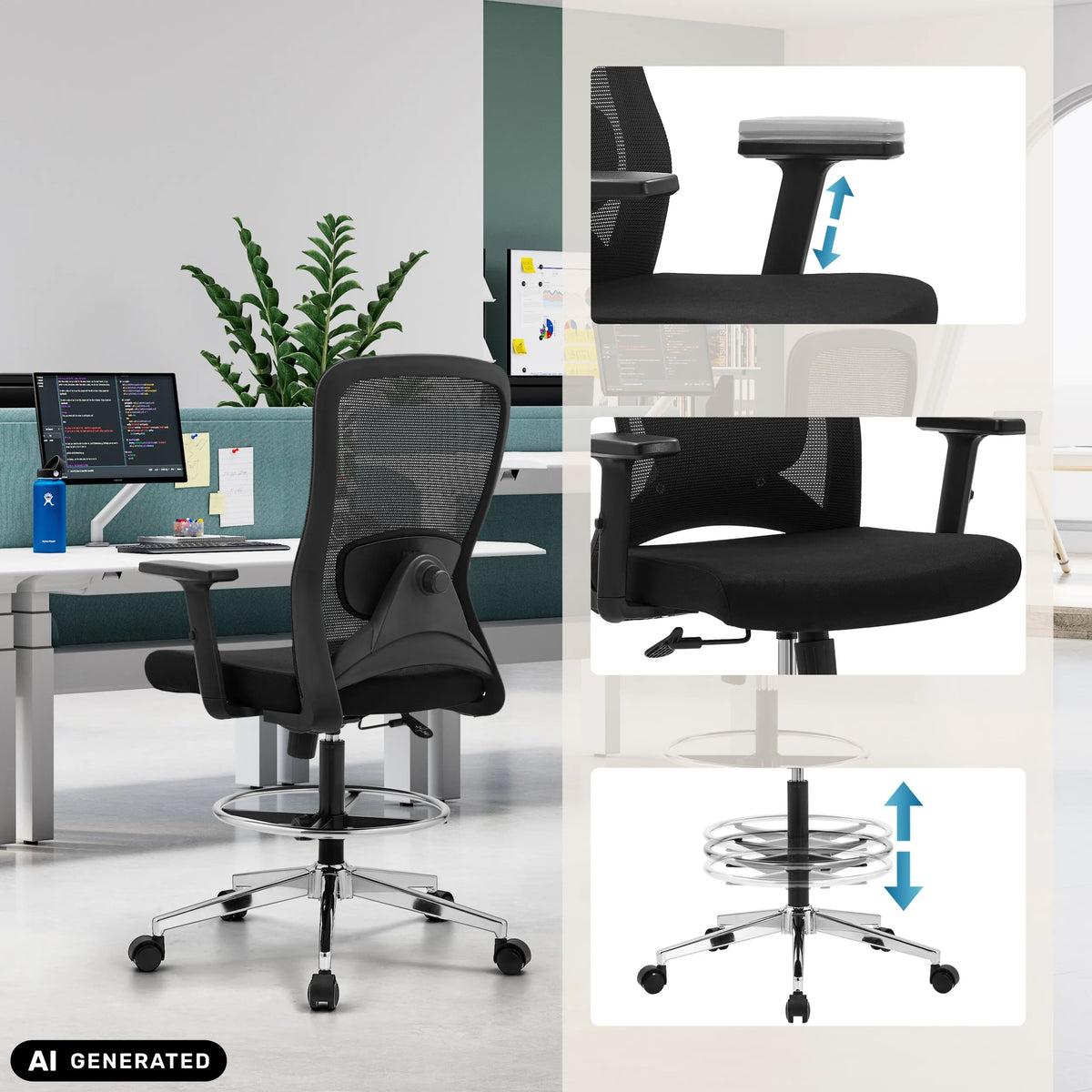 Reposabrazos y altura del asiento regulables de la silla de trabajo Top Work 44 de hjh OFFICE (imagen generada por IA)