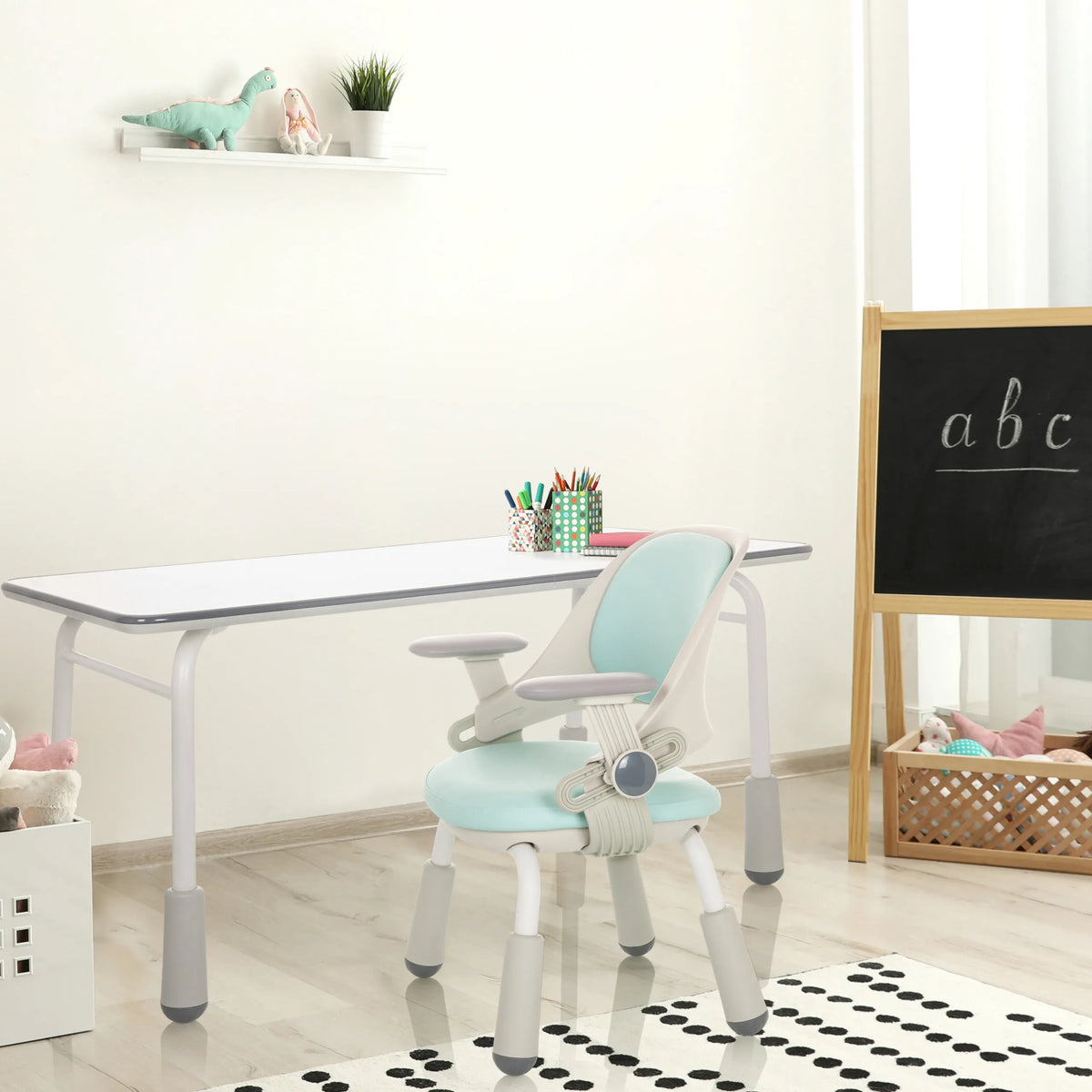 Escritorio juvenil KID GRO T en gris claro con silla infantil a juego en azul claro y gris de hjh OFFICE