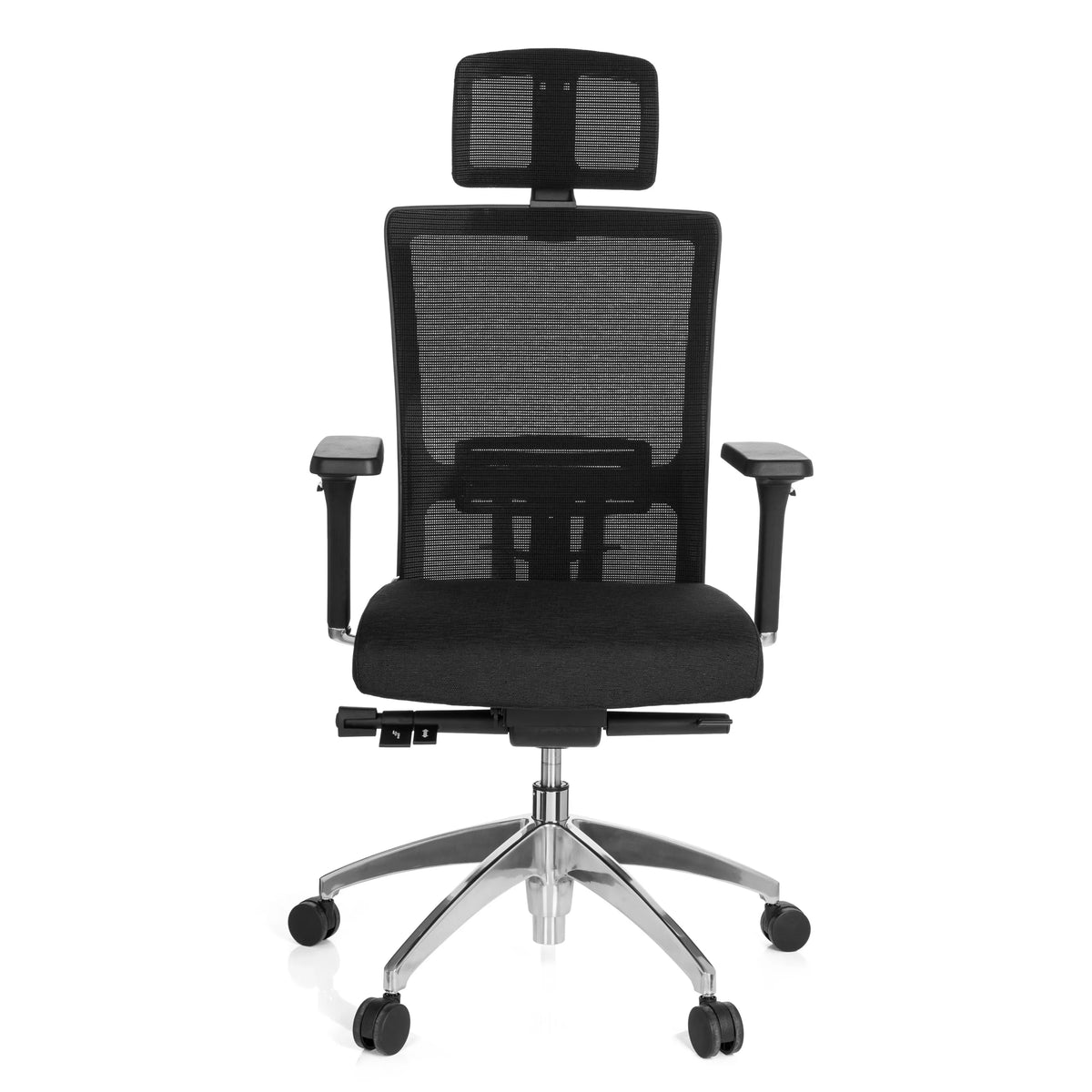 Silla de oficina profesional ASTRA LUX negra con respaldo de malla, reposacabezas y base de cinco ruedas de hjh OFFICE – vista de 360° (vista frontal 0°)