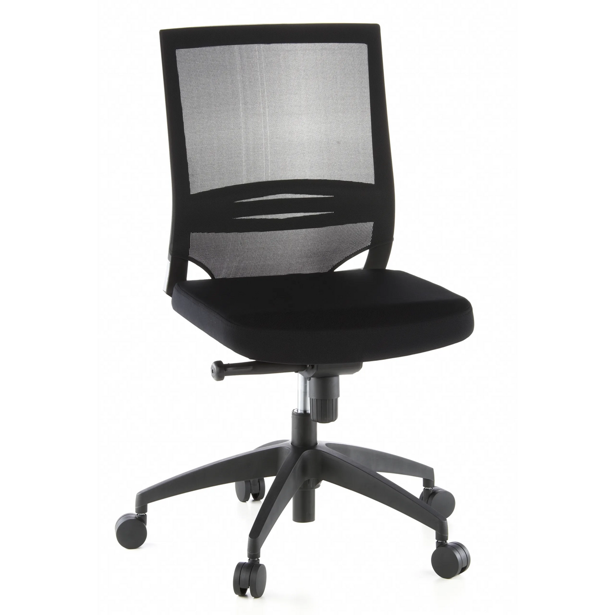 Silla de oficina profesional PORTO ECO negra con respaldo de malla y base de cinco ruedas de hjh OFFICE – vista de 360° (vista frontal 20°)