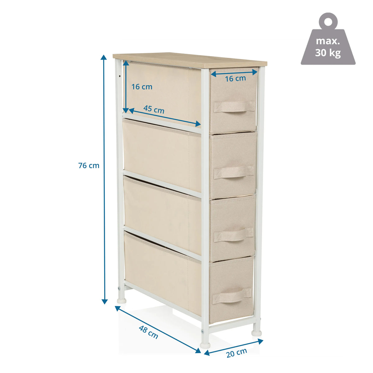 Dibujo dimensional de la Cómoda FOLDRESS S con 76 × 48 cm y cuatro cajones de hjh LIVING
