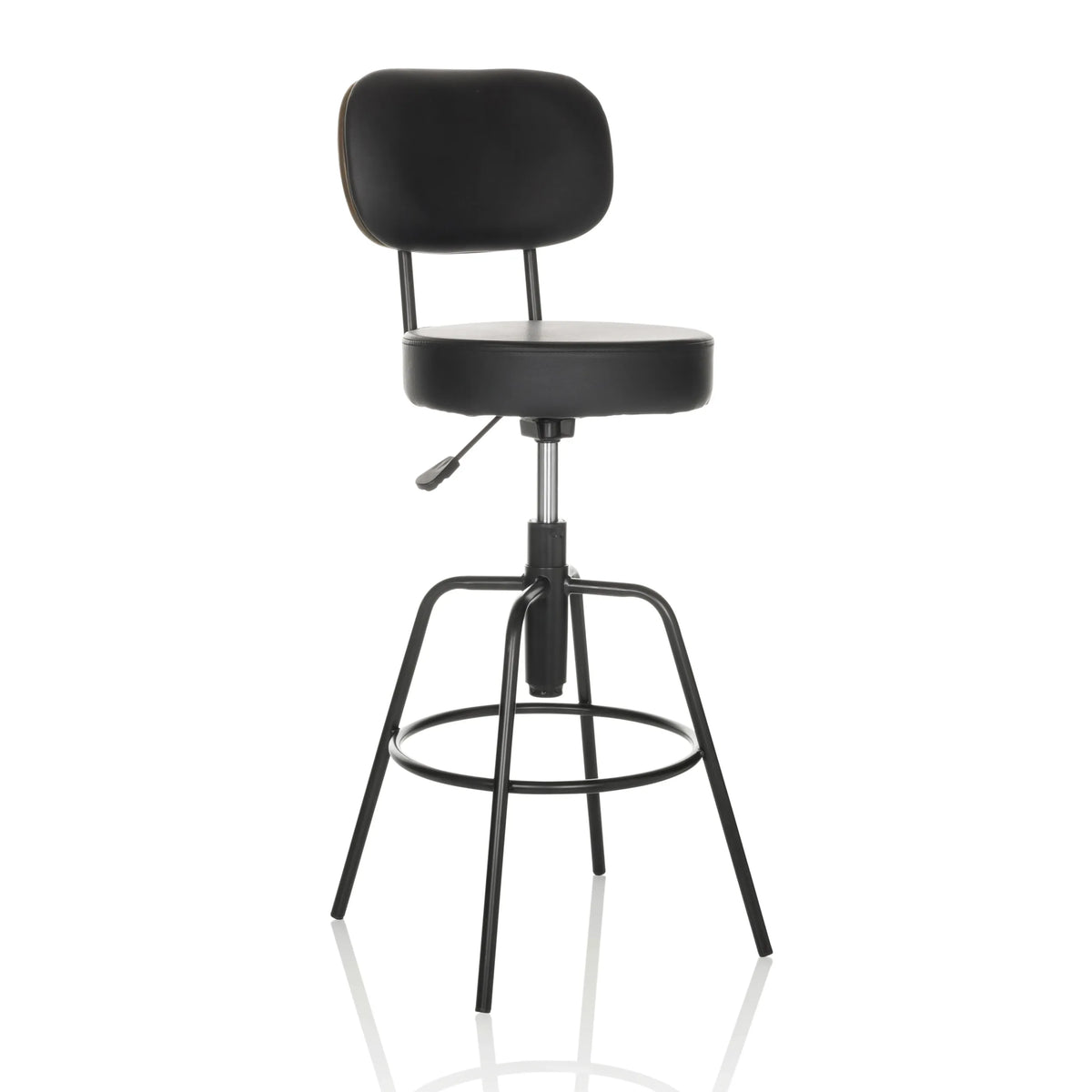 Taburete de bar negro DISC HIGH con respaldo y reposapiés redondo de hjh OFFICE – vista de 360° (vista frontal en diagonal 30°)