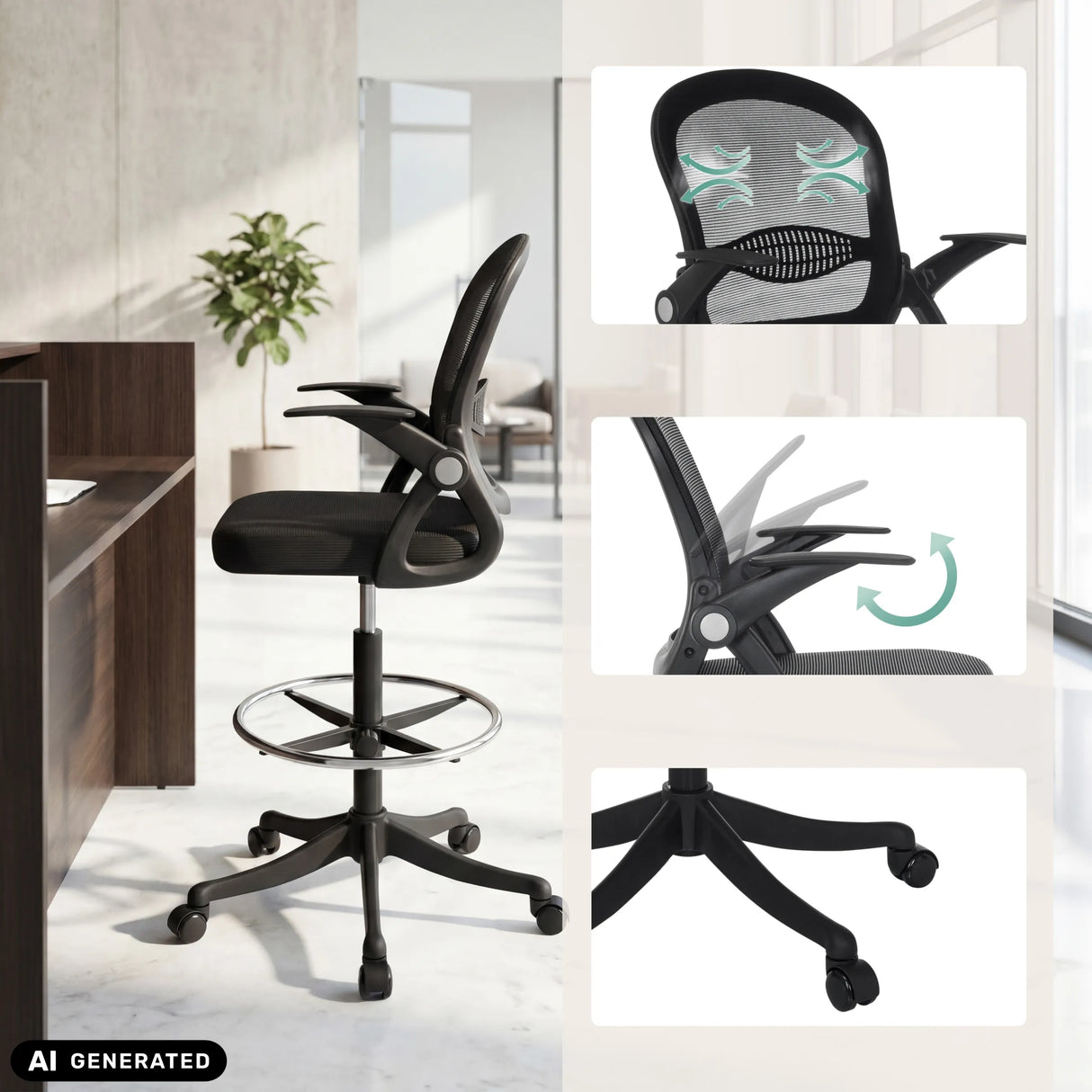 Silla de mostrador Naluro Work en negro con respaldo de malla, reposabrazos ajustables y aro reposapiés de hjh OFFICE (imagen generada por IA)