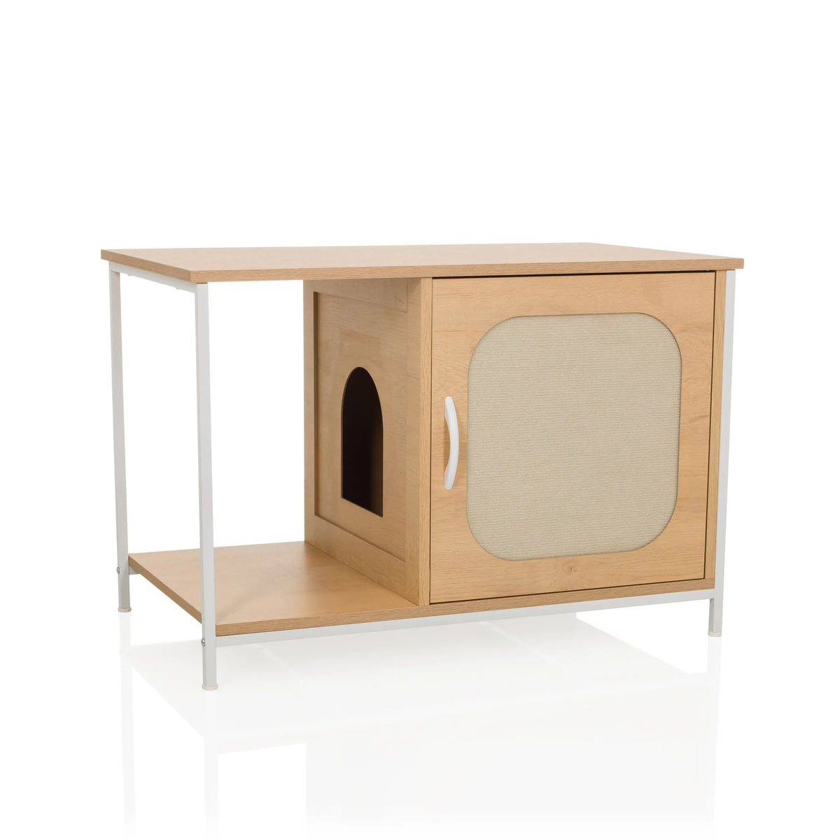 Weiß-buchenfarbenes Katzenhaus KITTYHOME 1 mit einem offenen Fach und einem Schrank mit Stofftür von hjh LIVING – 360-Grad-Ansicht (Frontansicht 15°)