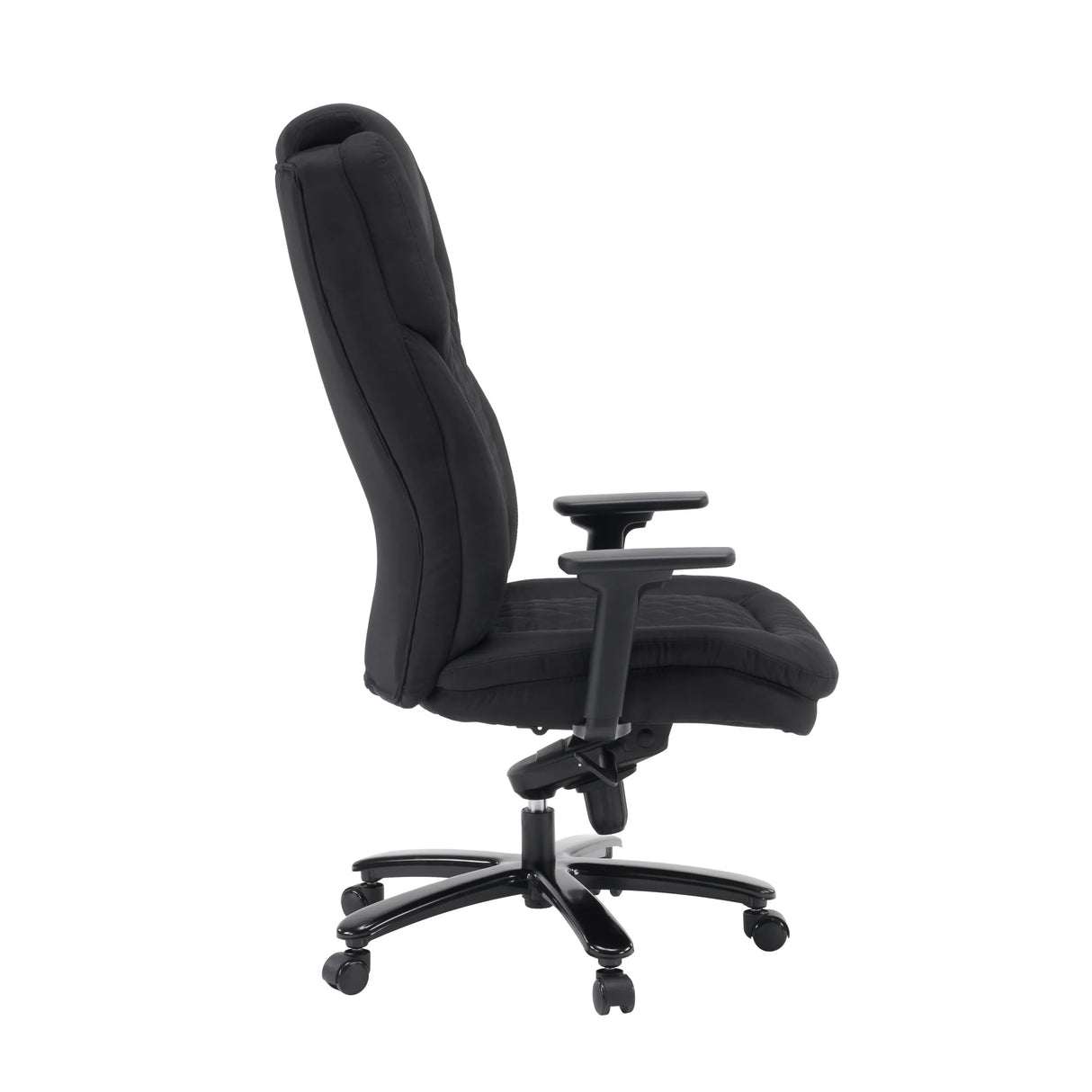 Vista lateral de la silla giratoria XXL Pullmann Gen2 con tapicería de tela negra y reposabrazos de hjh OFFICE