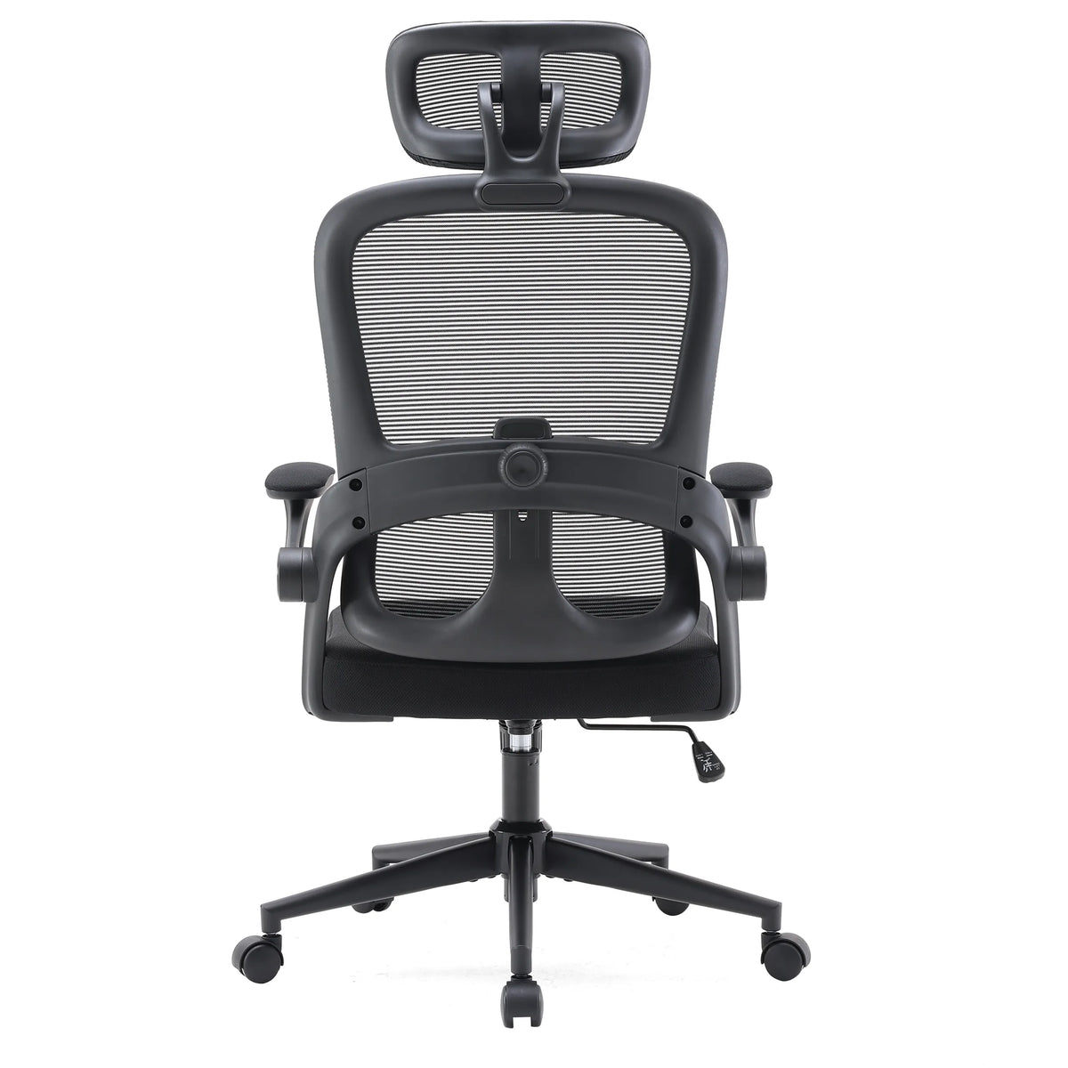 Vista posterior de la silla de oficina profesional MC102C-M101 en negro con respaldo de malla, reposacabezas y base con ruedas de Sihoo