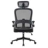 Vista posterior de la silla de oficina profesional MC102C-M101 en negro con respaldo de malla, reposacabezas y base con ruedas de Sihoo