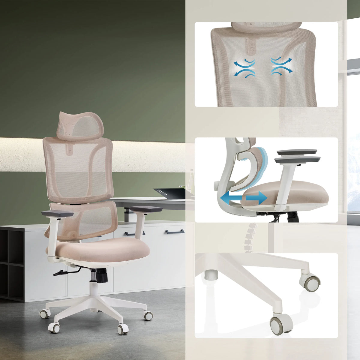 Silla de oficina profesional ERGOMY W en color beige con respaldo de malla, profundidad del asiento ajustable y base blanca de MyBuero
