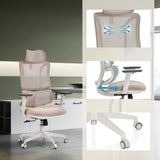 Silla de oficina profesional ERGOMY W en color beige con respaldo de malla, profundidad del asiento ajustable y base blanca de MyBuero