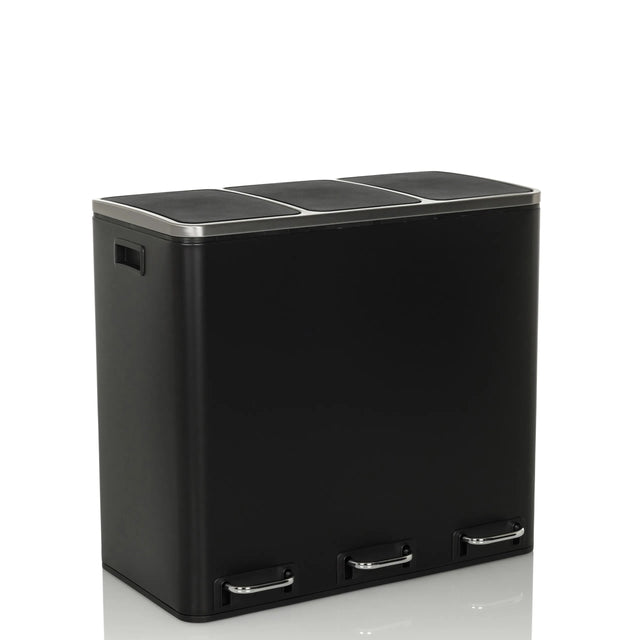 Papelera Clean 9 negra con tres compartimentos y asas plateadas de hjh OFFICE