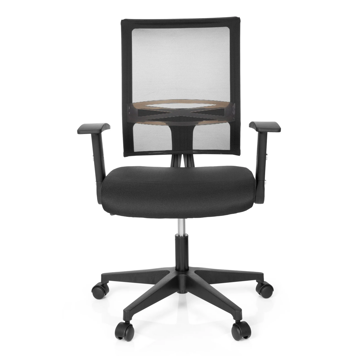 Silla Home OFFICE R8 negra con respaldo de malla y base de cinco ruedas de hjh OFFICE – vista de 360° (vista frontal 0°)