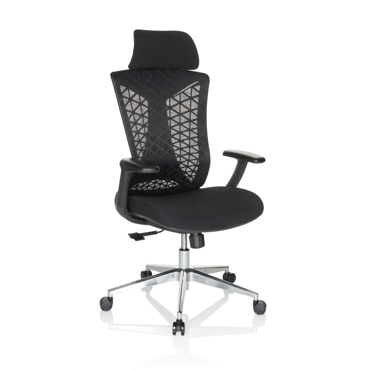 Silla de oficina profesional FALEO B negra con respaldo de malla y base de cinco ruedas de hjh OFFICE – vista de 360° (vista frontal en diagonal 30°)