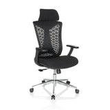 Silla de oficina profesional FALEO B negra con respaldo de malla y base de cinco ruedas de hjh OFFICE – vista de 360° (vista frontal en diagonal 30°)