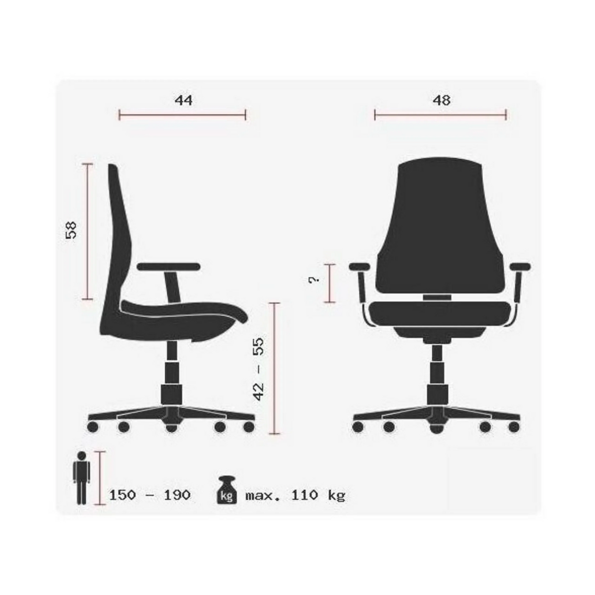 Dibujo técnico de la Silla de oficina profesional SITNESS 10 con una carga máxima de 110 kg de Topstar