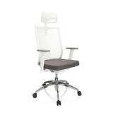 Grau-weißer Profi-Bürostuhl ASPEN WHITE PRO mit Netzrücken, Kopfstütze und Fußkreuz mit fünf Rollen von hjh OFFICE – 360-Grad-Ansicht (schräge Frontansicht 40°)