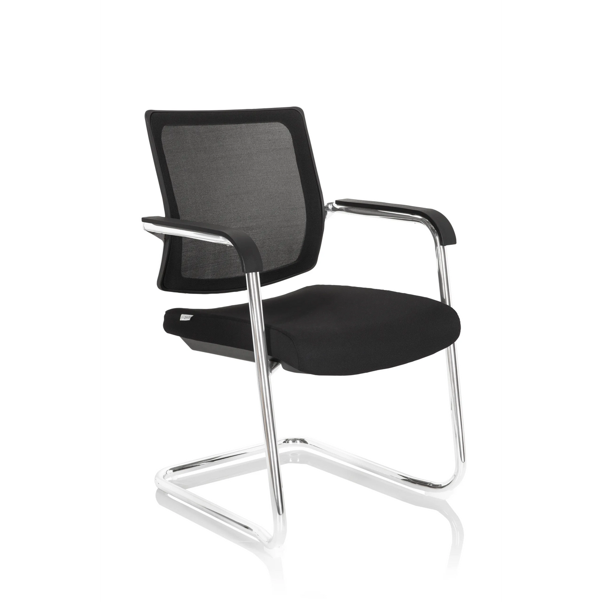 Silla de viga voladiza LEVIA V negra con respaldo de malla, reposabrazos y estructura de patín de hjh OFFICE – vista de 360° (vista frontal en diagonal 40°)