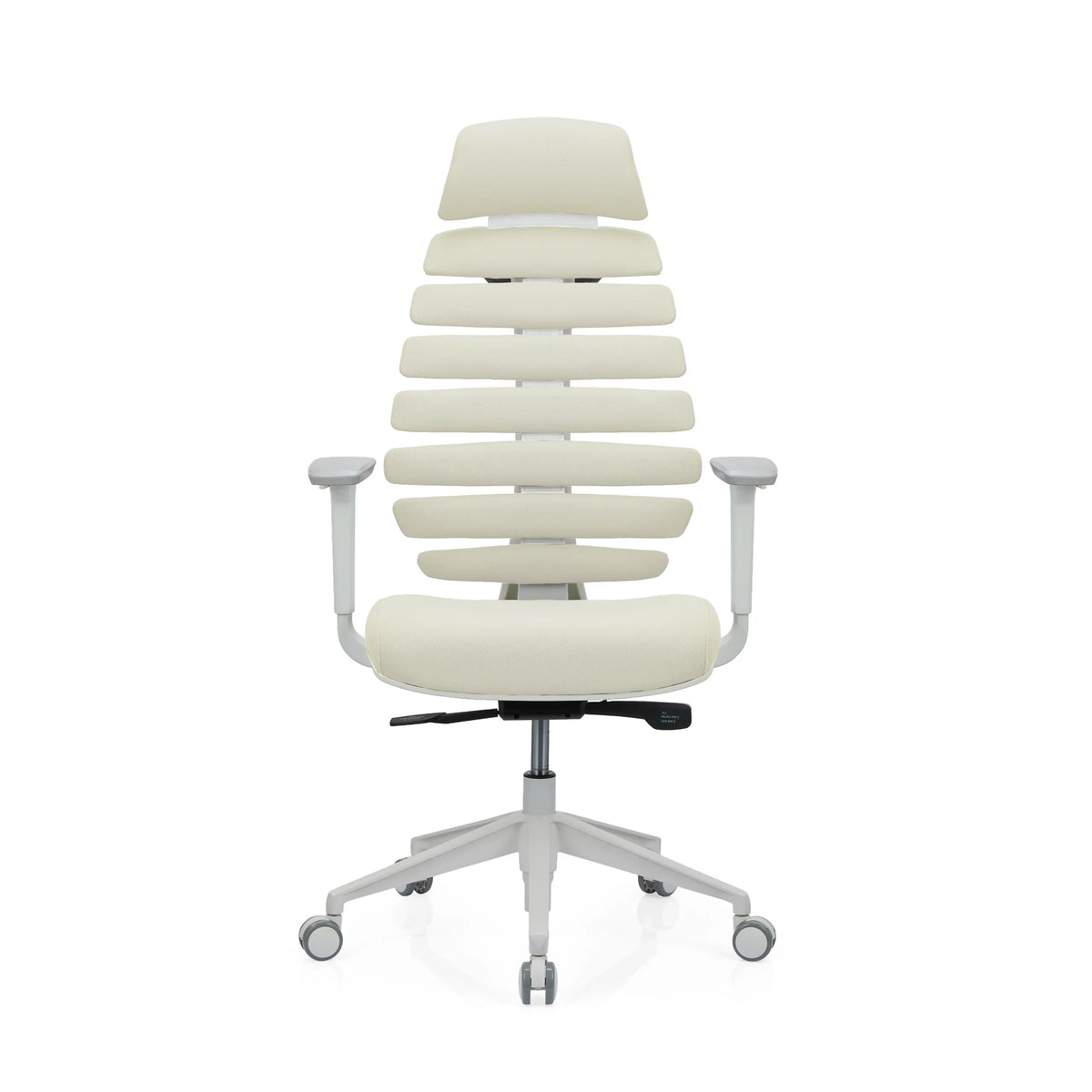 Silla de oficina profesional ERGO LINE W en color beige con respaldo segmentado y base blanca de hjh OFFICE – vista de 360° (vista frontal 0°)