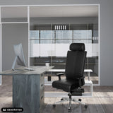 Silla de oficina profesional PRO-TEC XXL de cuero negro con reposacabezas en un escritorio de hjh OFFICE (imagen generada por IA)