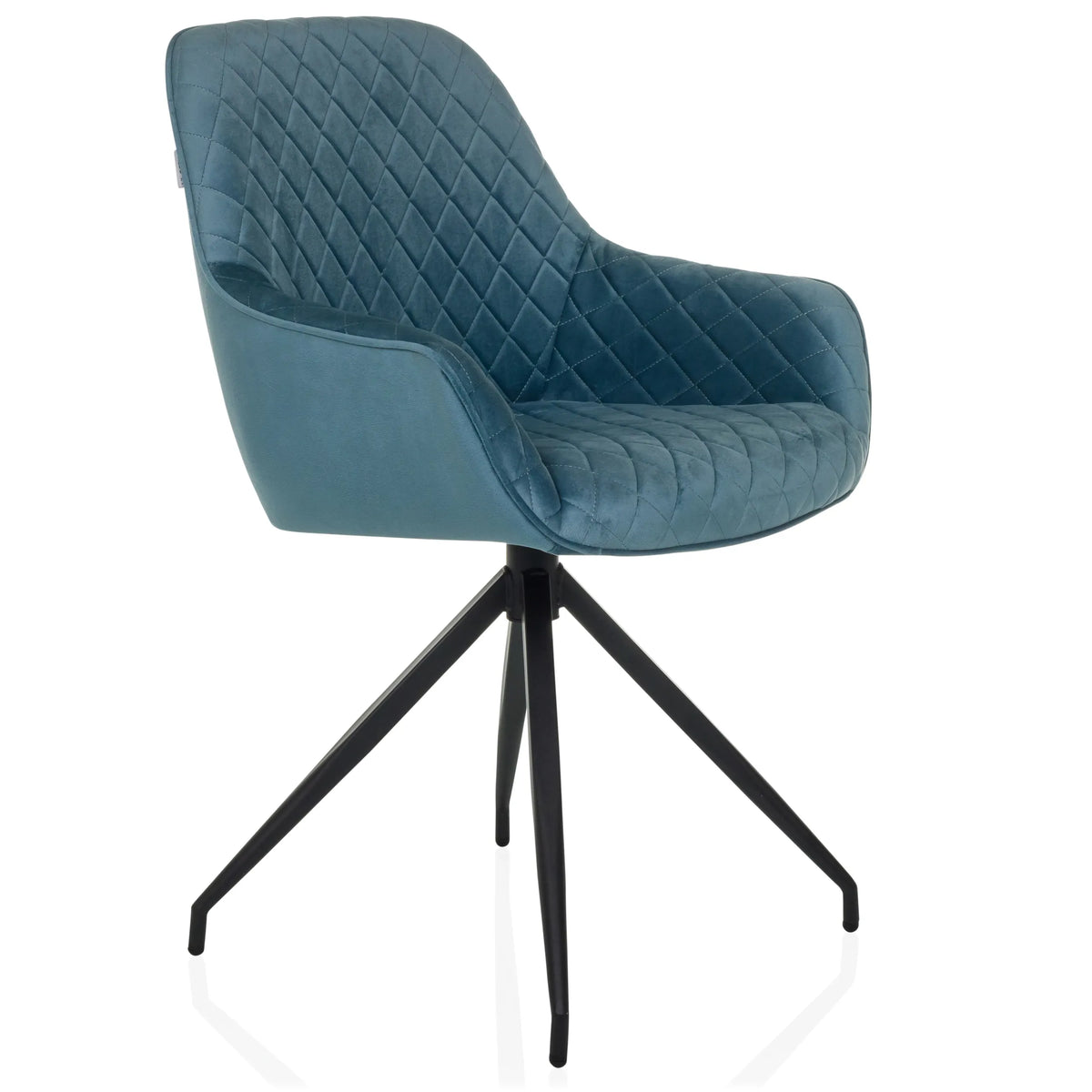 Silla tapizada ELVERUM en color azul grisáceo con costuras y estructura de cuatro patas negra de hjh LIVING – vista de 360° (vista frontal en diagonal 45°)