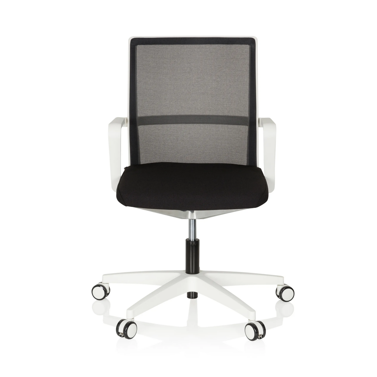 Silla de oficina profesional MOVE-TEC NET 3D W en blanco y negro con respaldo de malla y base blanca de cinco ruedas de hjh OFFICE – vista de 360° (vista frontal 0°)